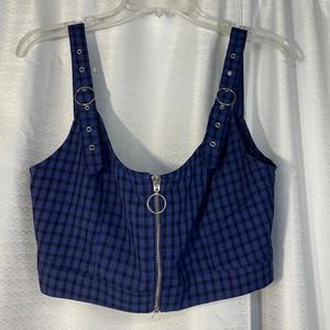 Blue Blush Crop Top blue black plaid zipper front buckle straps women sz M NWOT